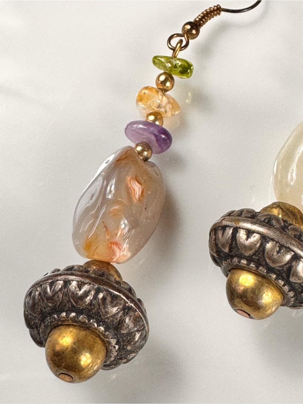 Fluorite & Amethyst Stone Drop Earrings - Gold & Mixed Gem Tones - Picture 5 of 8